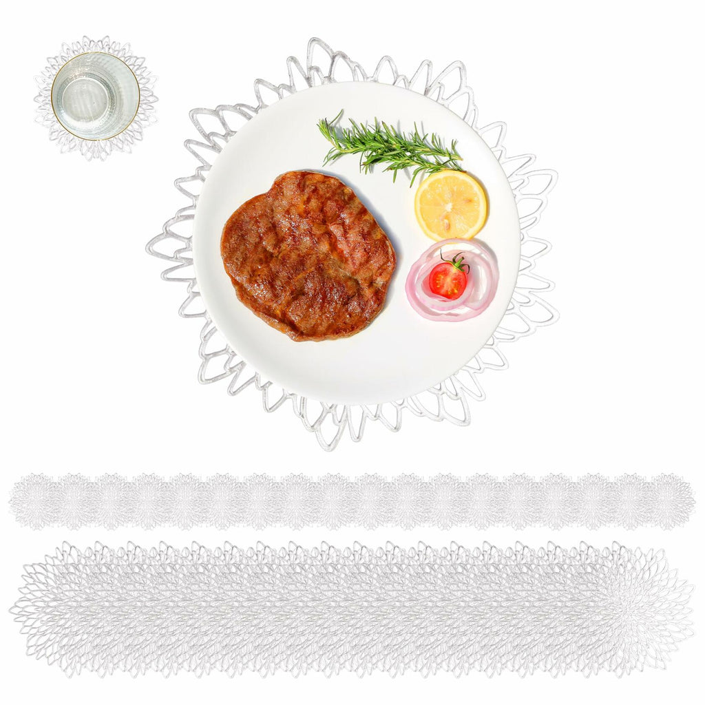 Defined Deco Silver Vinyl Placemats & Coasters Set of 18 15" Round