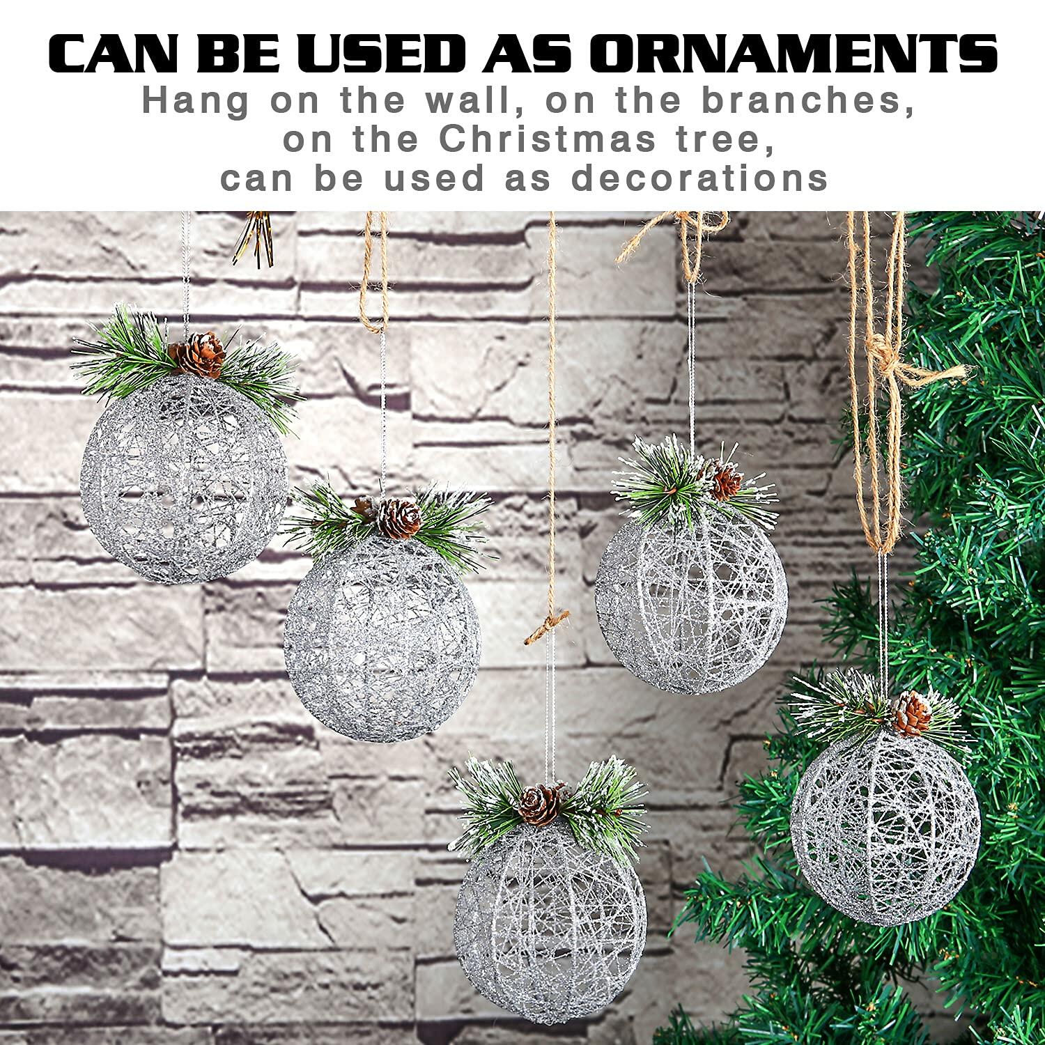 Christmas Ball Ornaments 4pc Silver Pinecone Rattan Thread String Decor