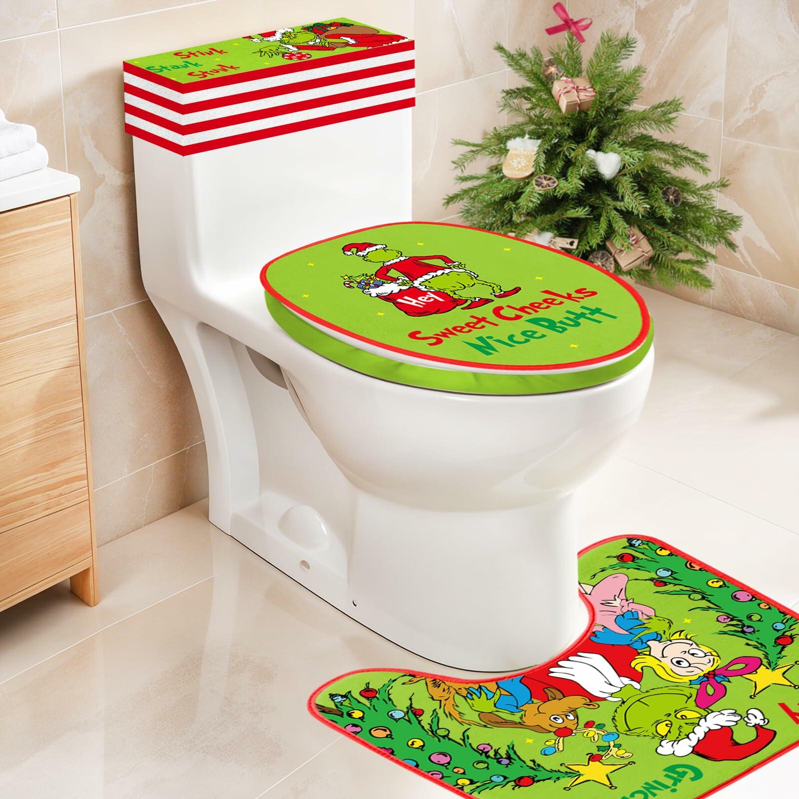 Funny Christmas Toilet Seat Cover Set 4pcs White Elephant Bathroom Decor