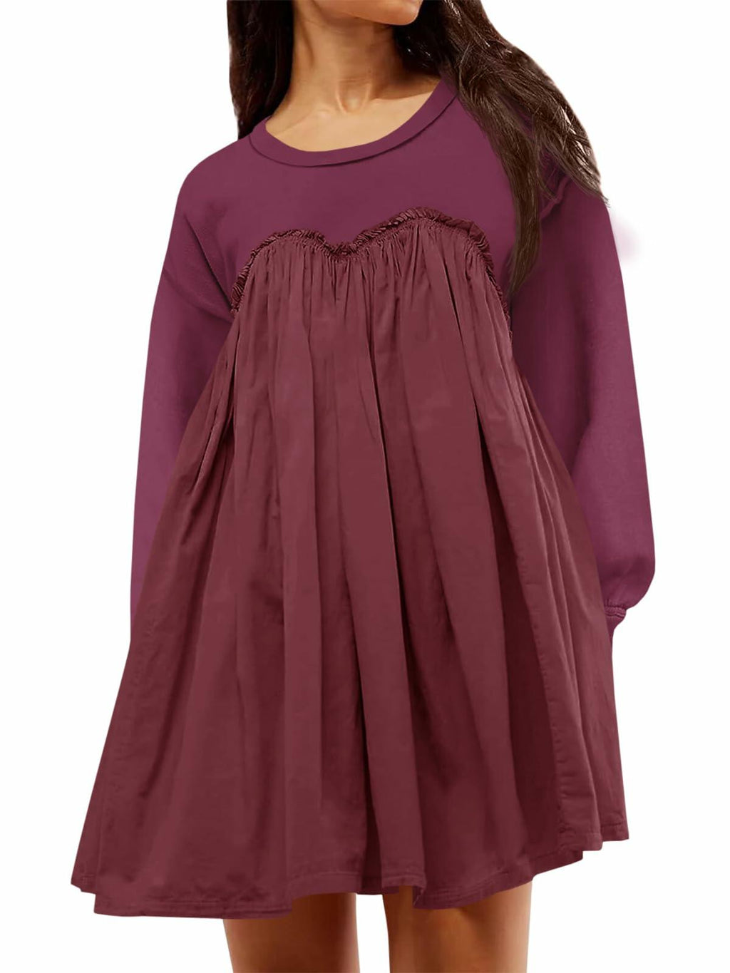 Wenrine Womens Long Sleeve Sweatshirt Dress Patchwork Wine Red S