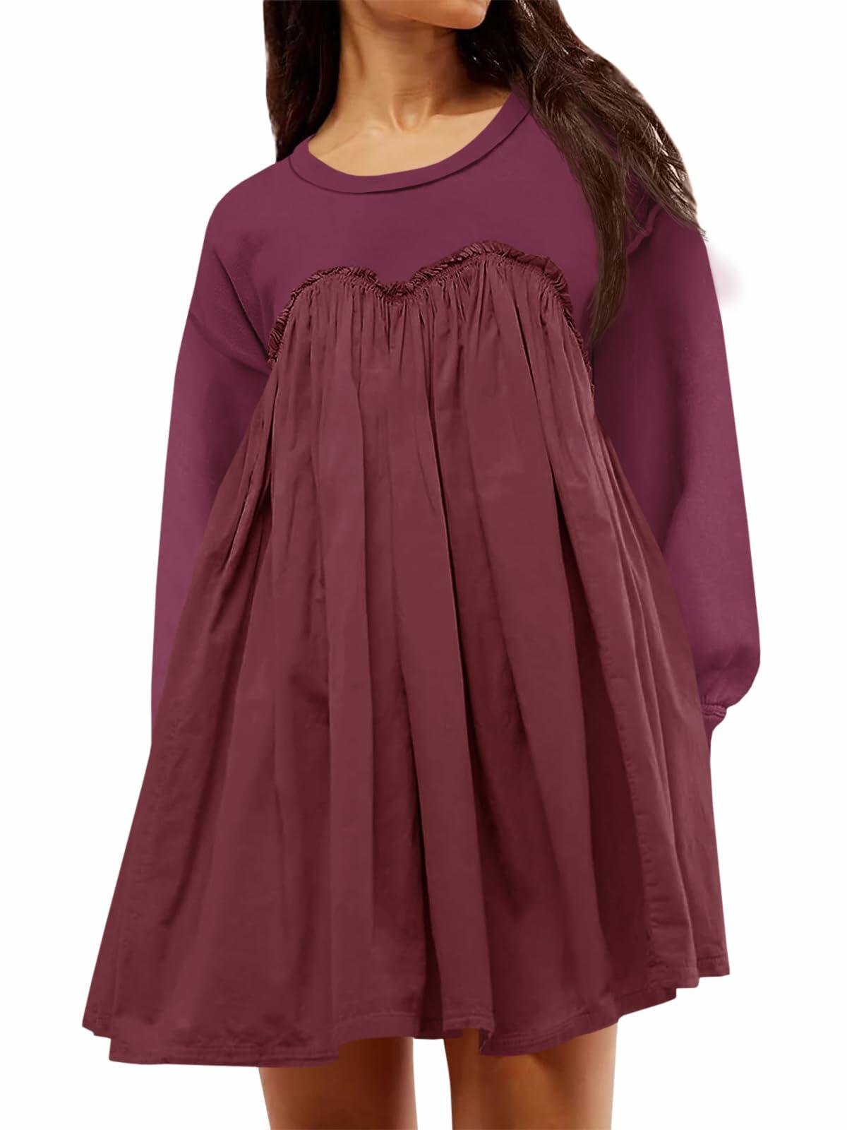 Wenrine Womens Long Sleeve Sweatshirt Dress Patchwork Wine Red S