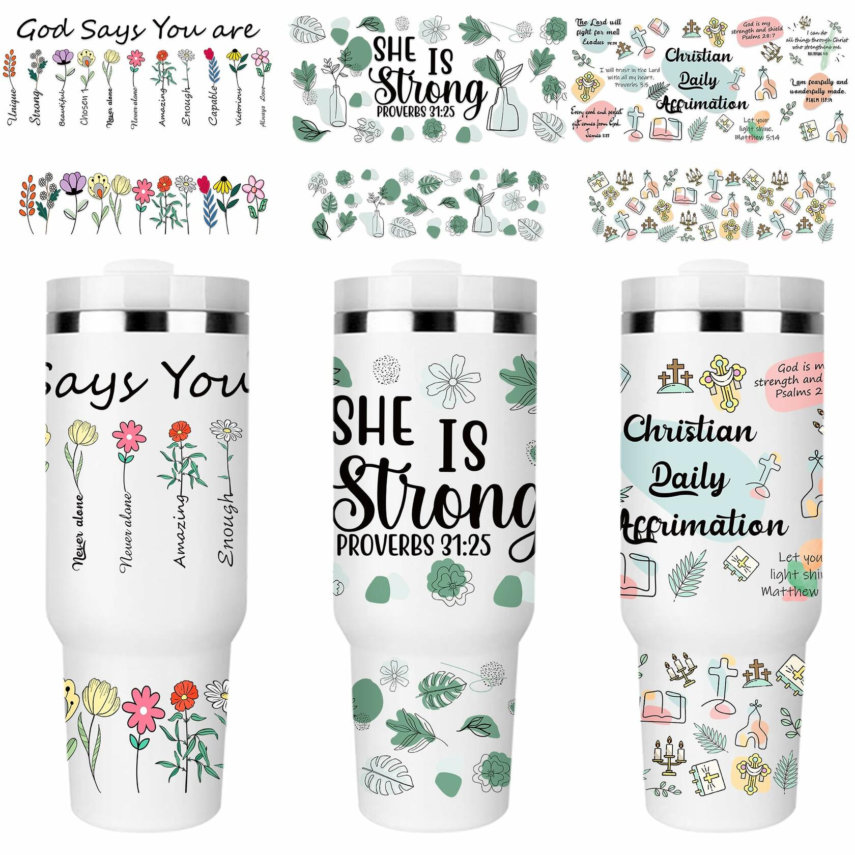 UV DTF Cup Wrap Transfer 6 Sheets Bible Verse Floral Waterproof 40oz Tumbler