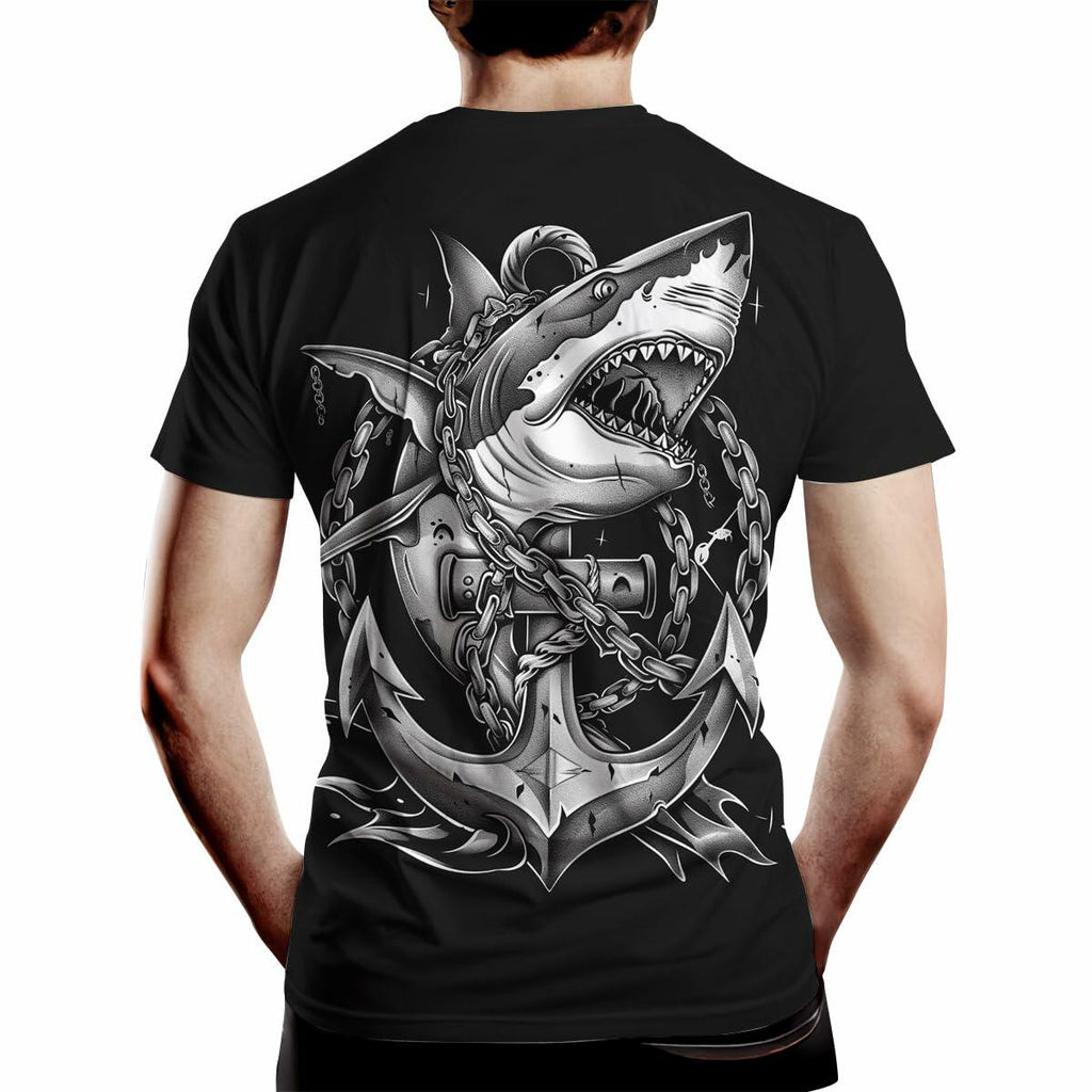Faiwvhe Men's Creative Shark Graphic T-Shirt Black Summer Short Sleeves Size L