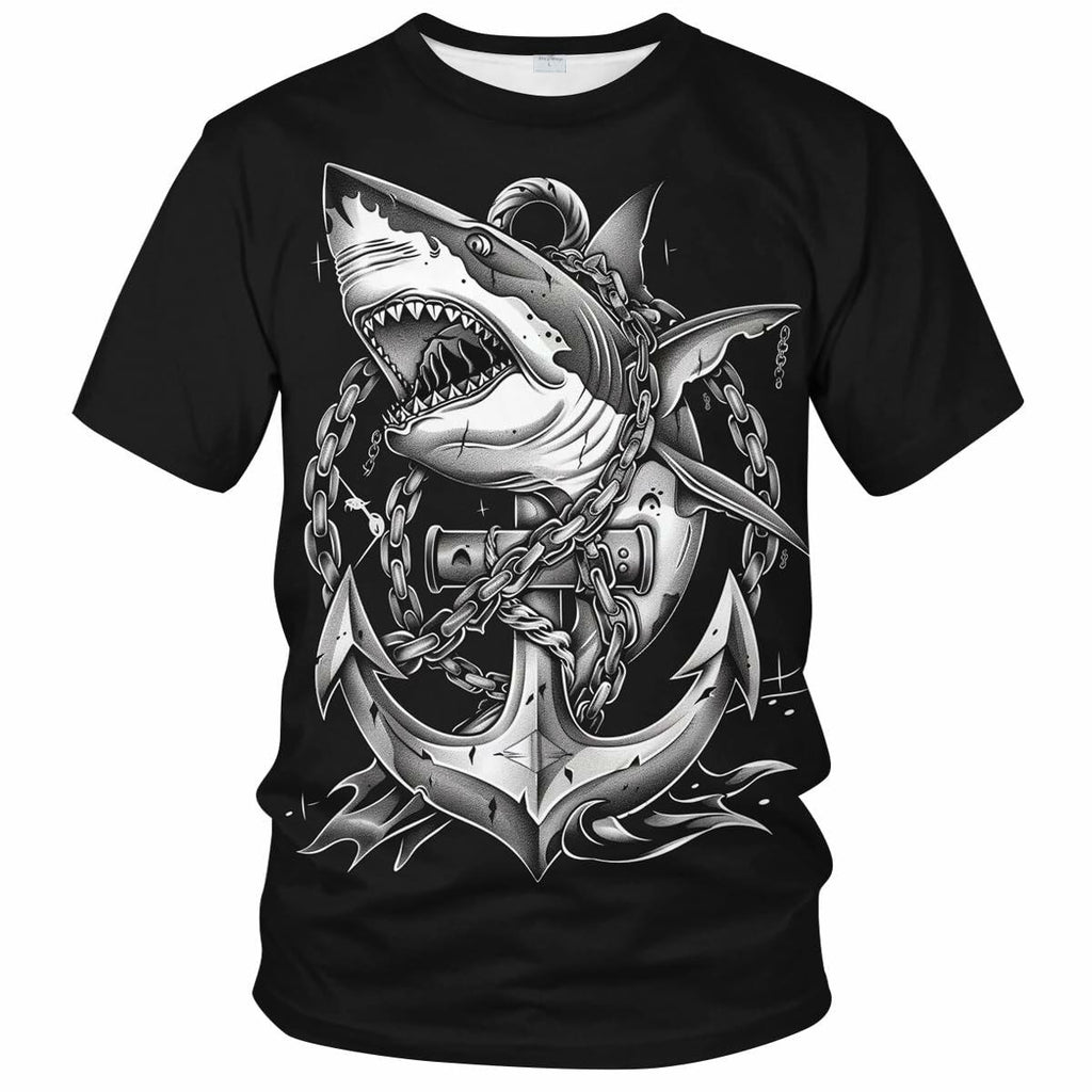 Faiwvhe Men's Creative Shark Graphic T-Shirt Black Summer Short Sleeves Size L