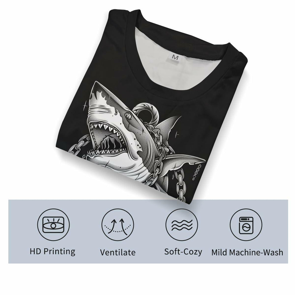Faiwvhe Men's Creative Shark Graphic T-Shirt Black Summer Short Sleeves Size L