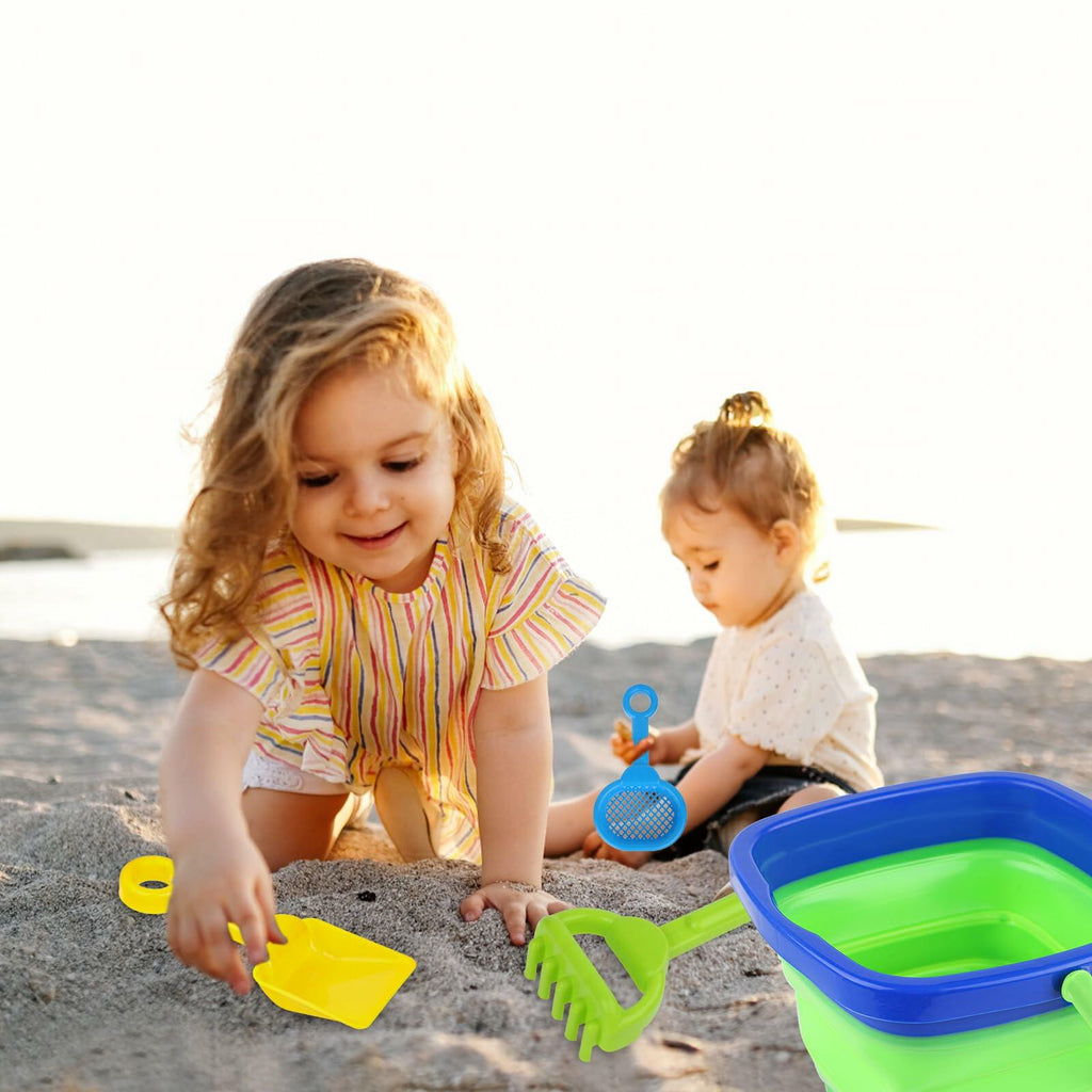 Beach Toys Set Collapsible Bucket 3 Shovels Mesh Bag Foldable Pail Toddler