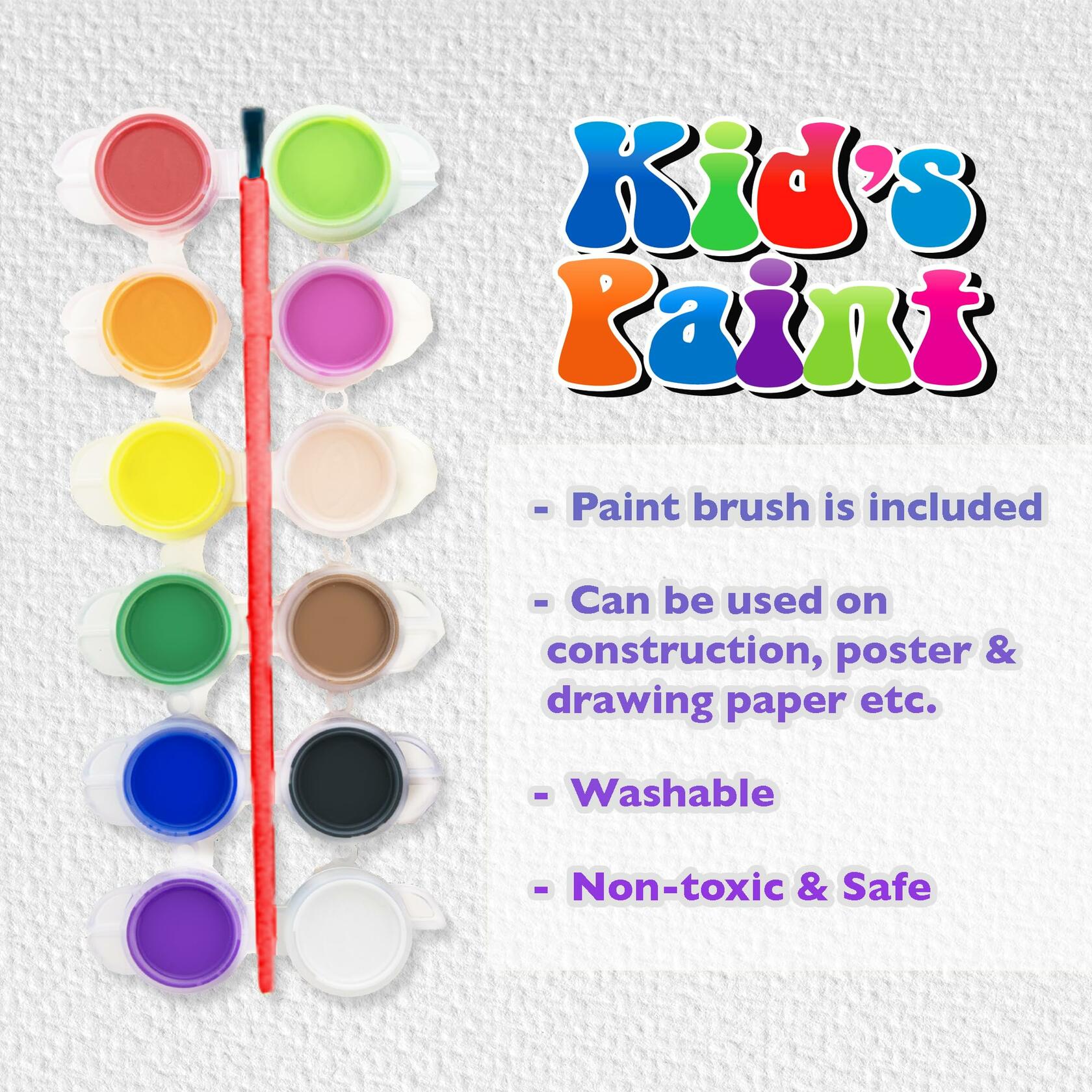 BAZIC Kids Paint Set 12 Colors 60ml Non-Toxic Vibrant Colors 1-Pack