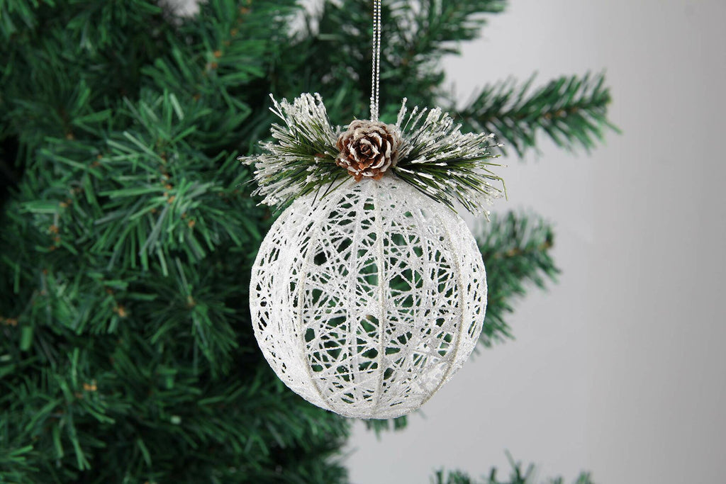 [Like New] Christmas Ball Ornaments 4pc Set White Pinecone Rattan Thread String 4.7"