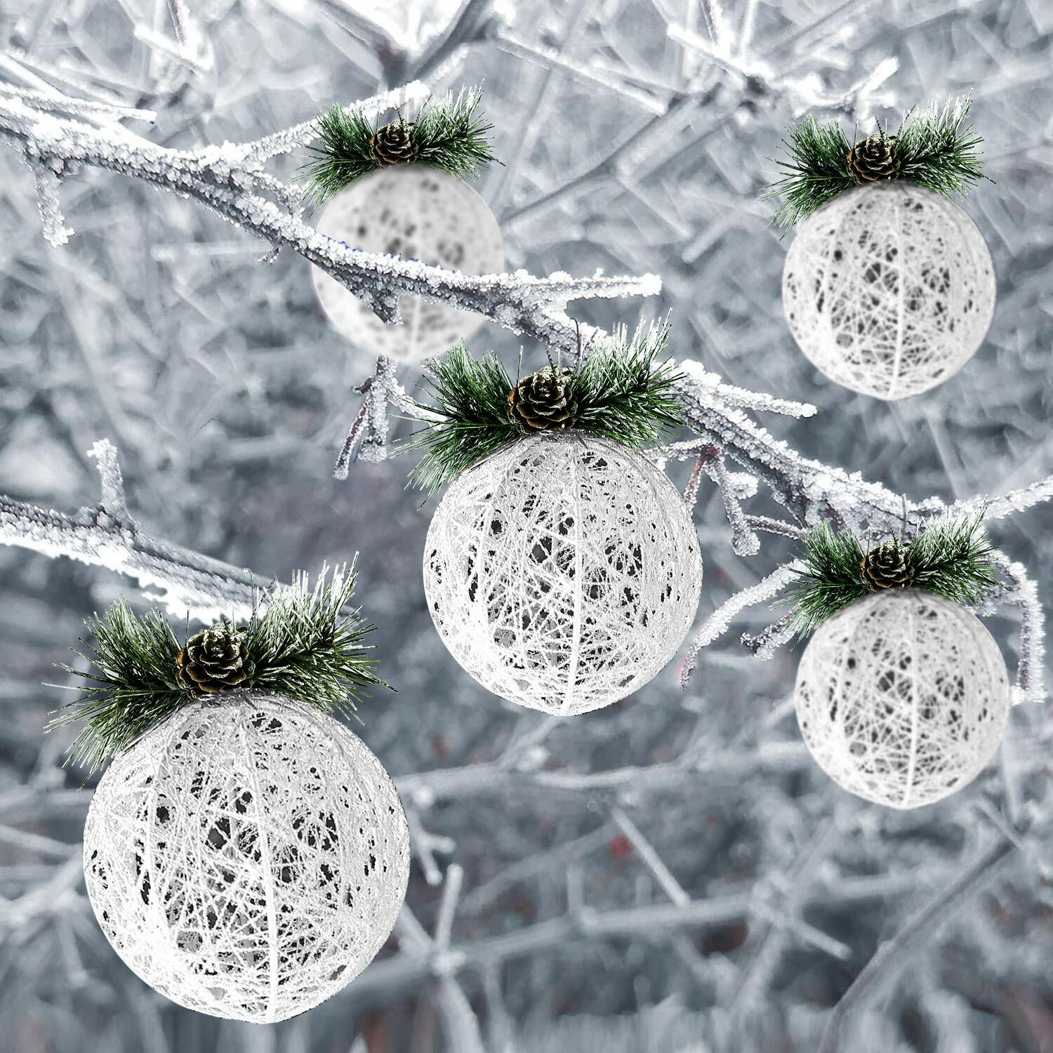 [Like New] Christmas Ball Ornaments 4pc Set White Pinecone Rattan Thread String 4.7"