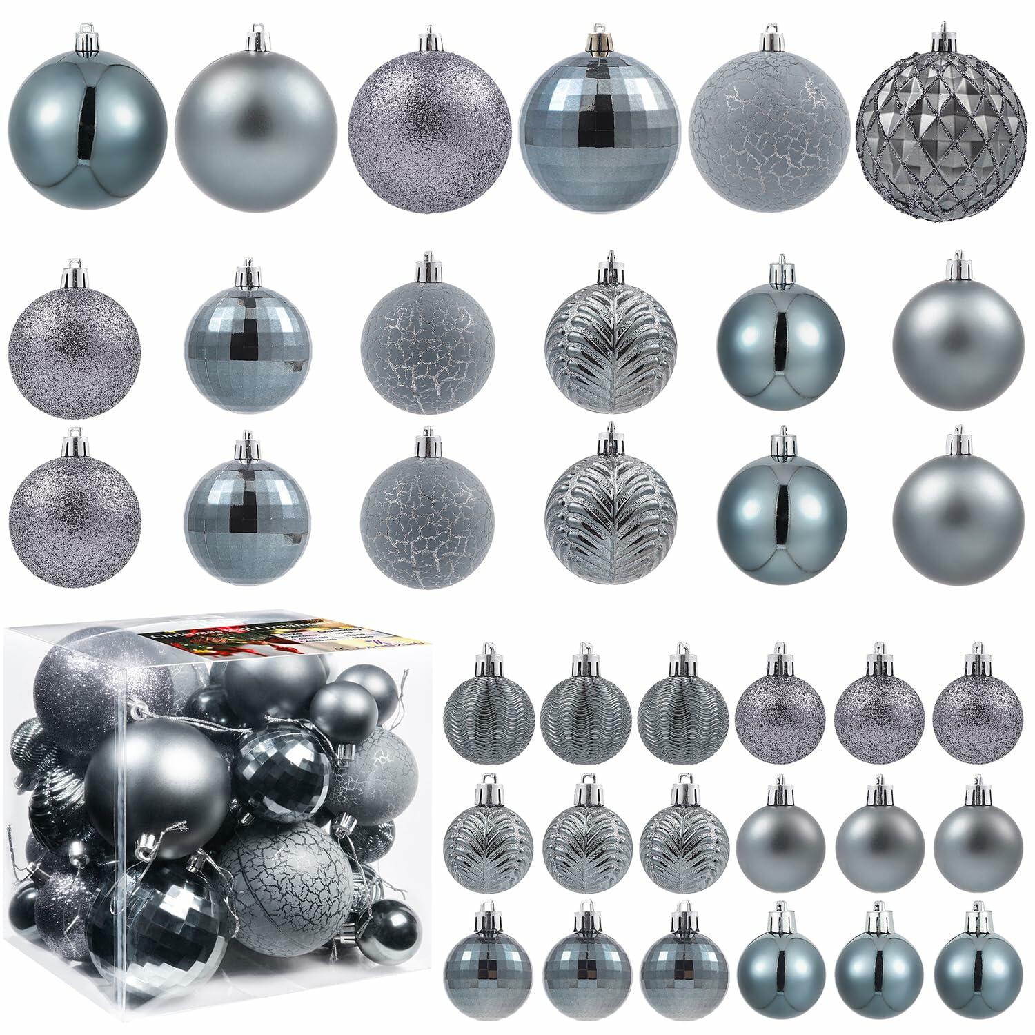 LANGXUN 36pcs Grey Christmas Tree Decorations Balls Shatterproof Ornaments
