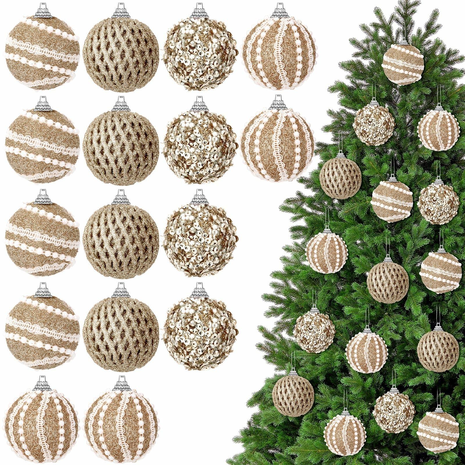 Civaner 16 Pcs Christmas Ball Ornaments Pearl Champagne Sequin Shatterproof