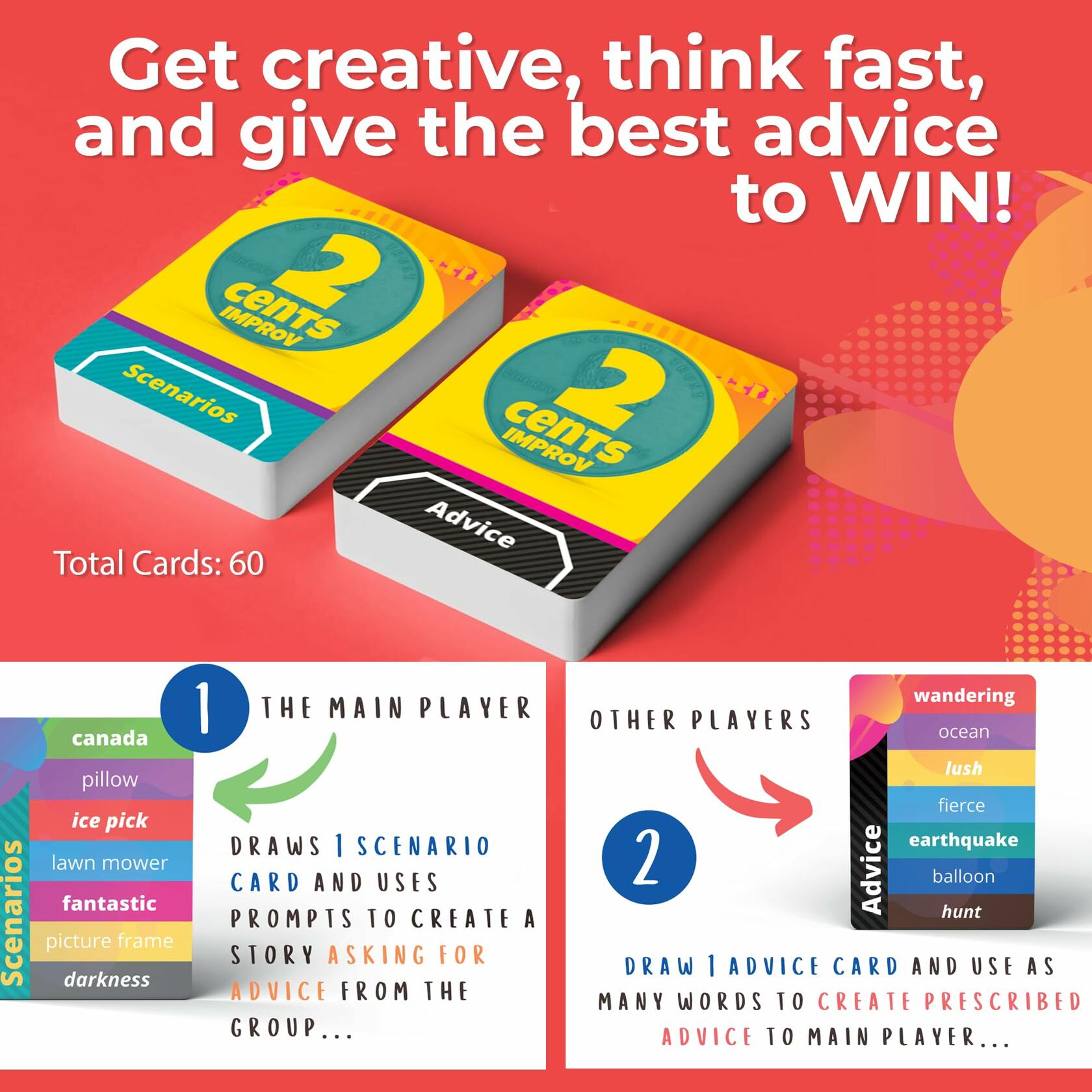 QUOKKA 2 Cents Game Night Story Card Improv Game 60 Cards 3-8 Players