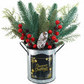 Winlyn Christmas Floral Arrangement Pinecone Red Berry Galvanized Pot 12.4"
