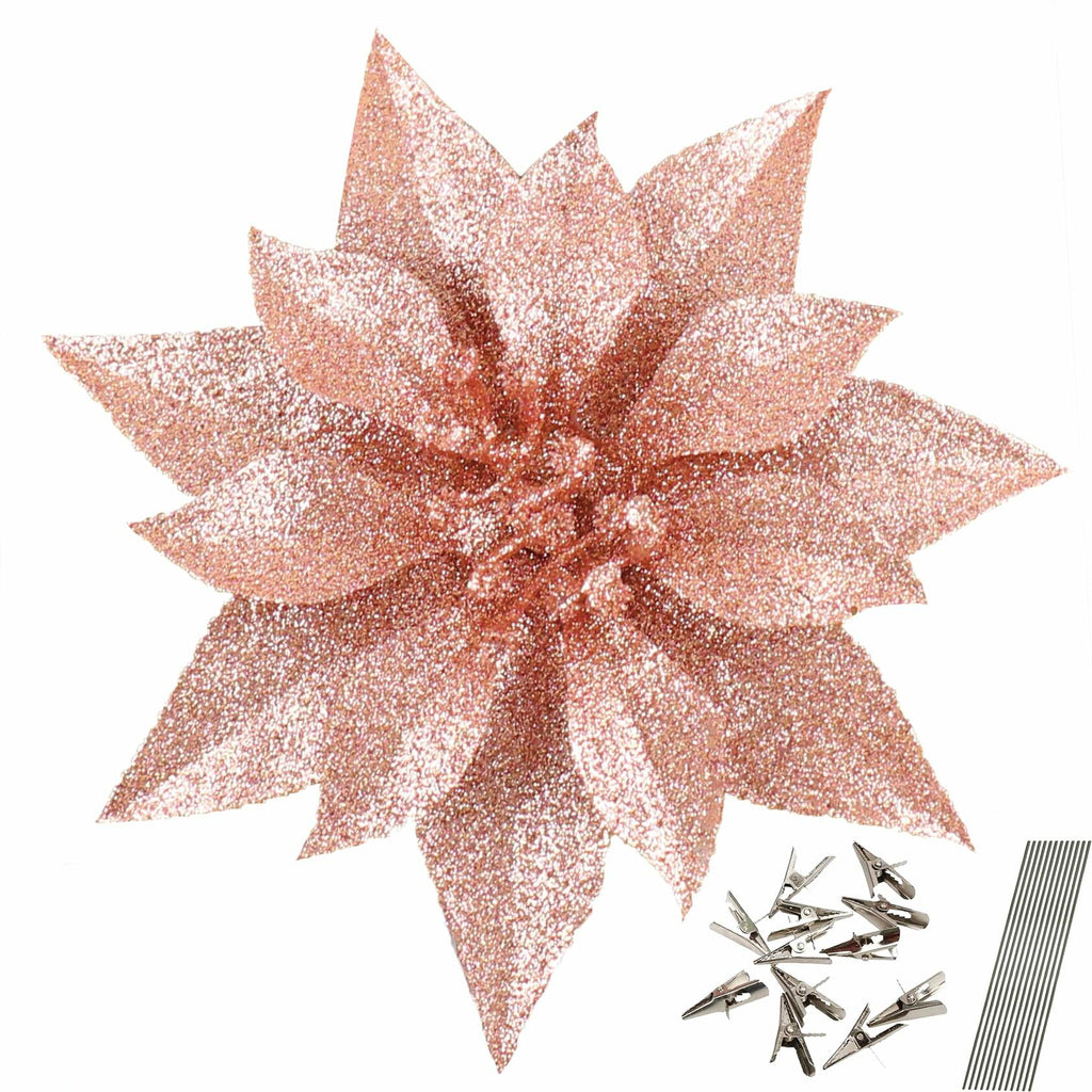 [Like_new] YOSICHY 12 Pcs Artificial Christmas Flowers Deep Champagne with Clips Stems