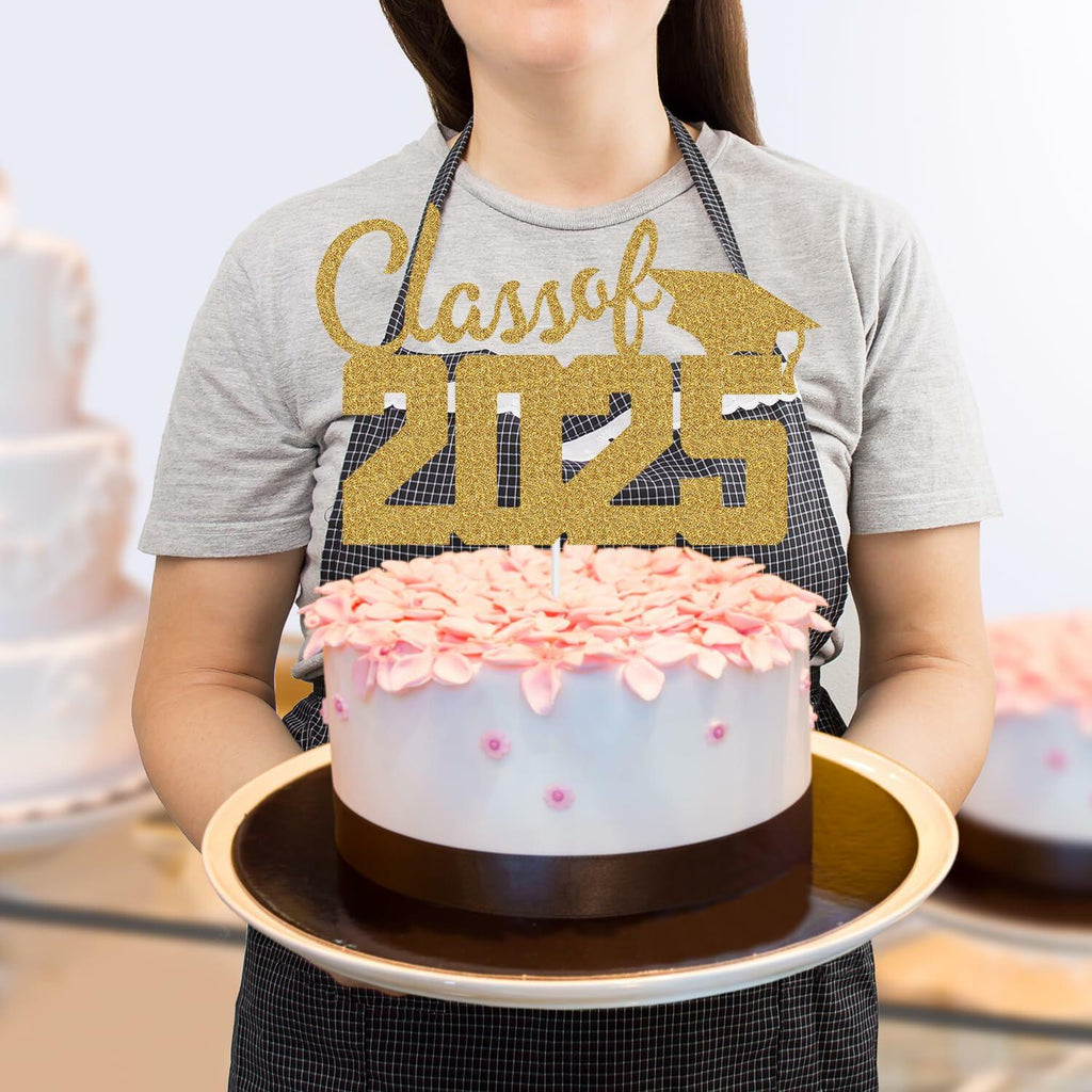Class of 2025 Cake Topper Graduation Party Supplies Gold Glitter