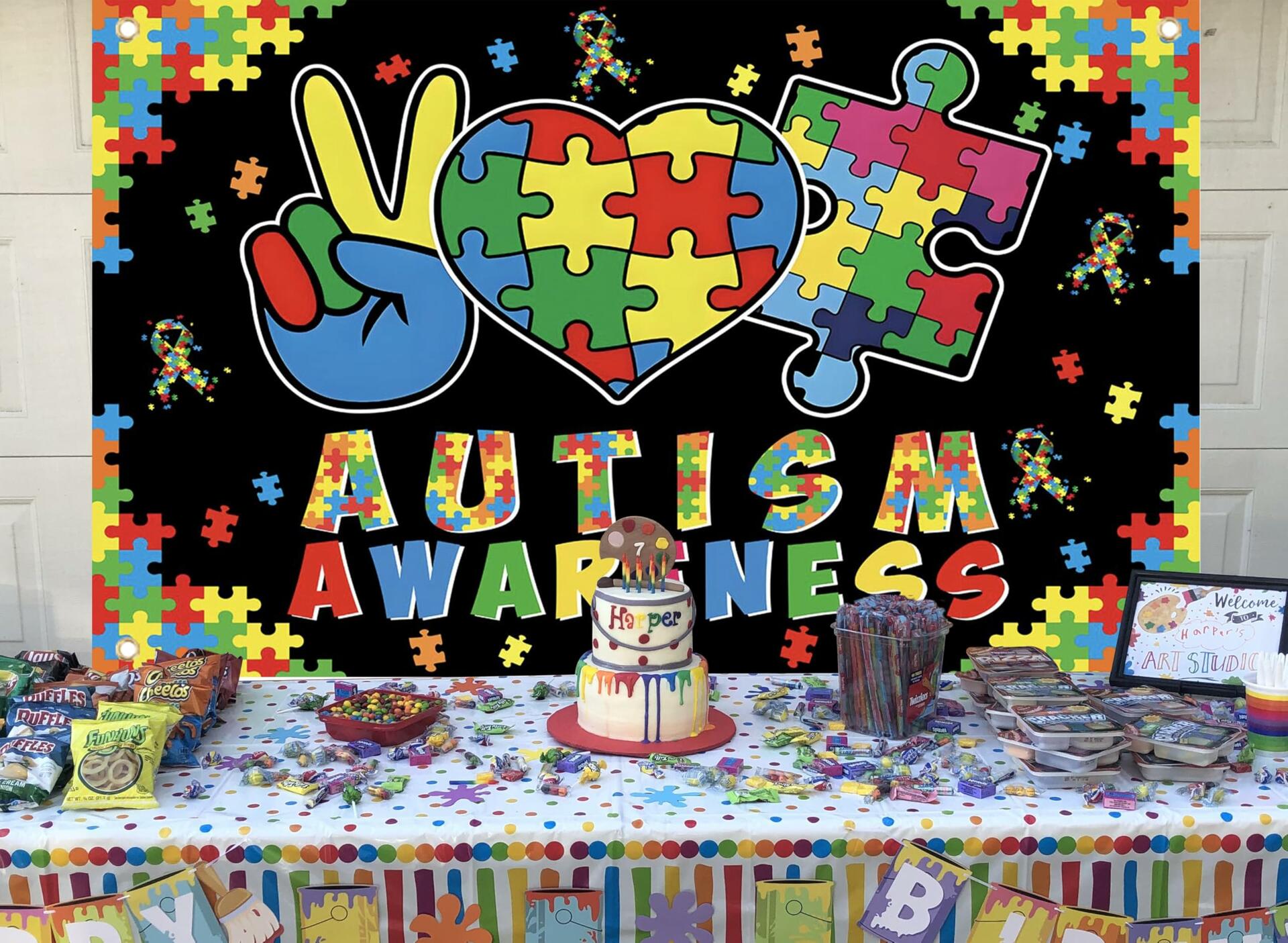 LIANNE Autism Awareness Backdrop Puzzle Piece Banner 6x3.6FT