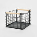 Brightroom Metal Storage Basket Milk Crate Black Small Wire Wood Handles