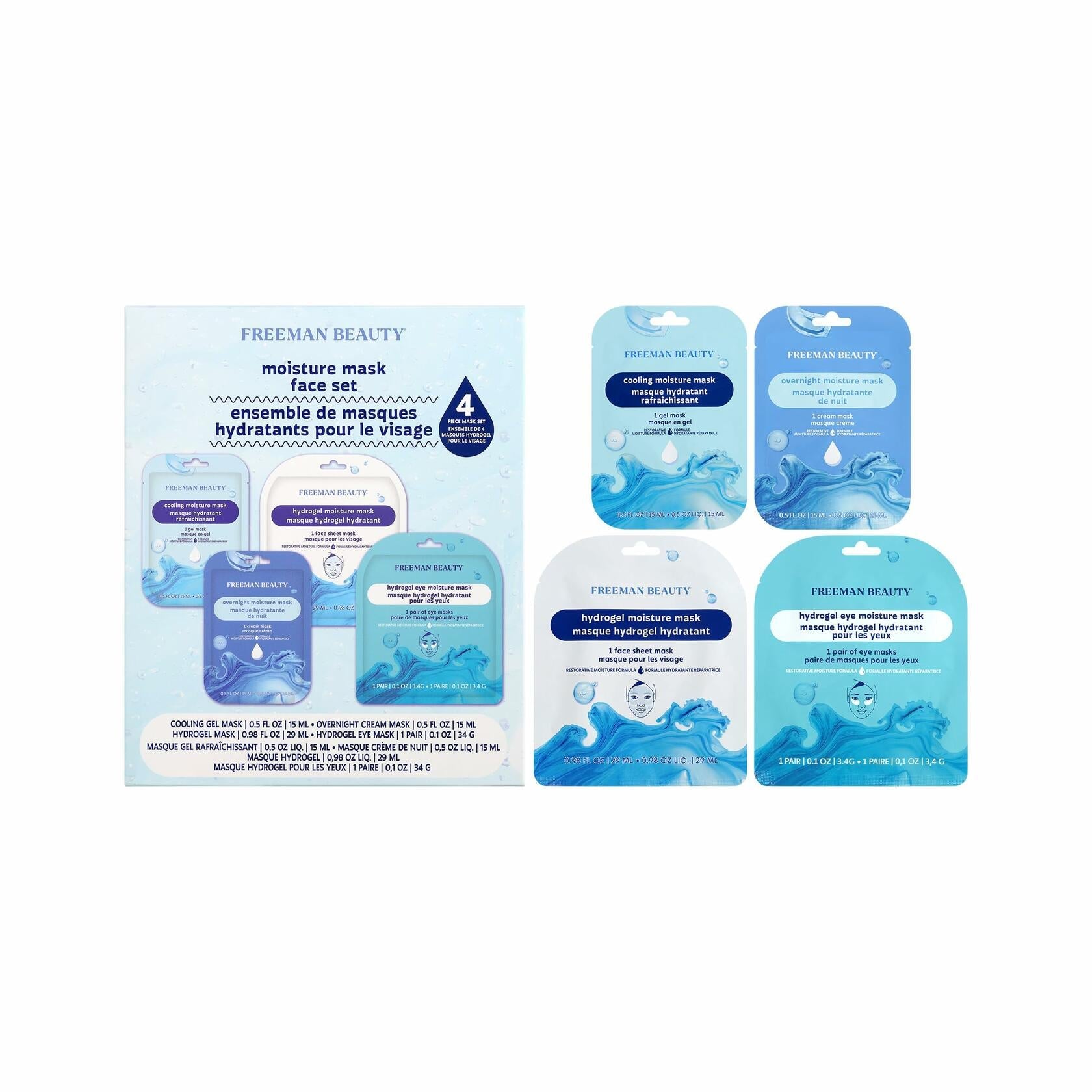 Freeman 4 Piece Moisture Mask Set Hydrating Face & Under Eye Hydrogel Vegan