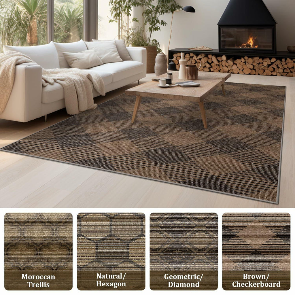 YIHOUSE Checkered Jute Rug 8x10 Brown Black Non Slip Indoor Outdoor