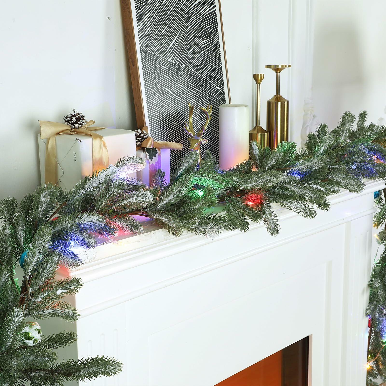 Chuangdi 9FT Flocked Cedar Garland with 50 LED Lights Frosted Pine