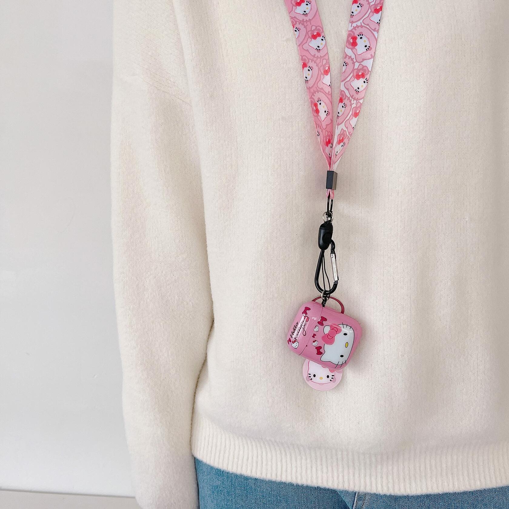 LZHZXM Cute Hello Cartoon Cat TPU Case with Pink Kawaii Lanyard Keychain