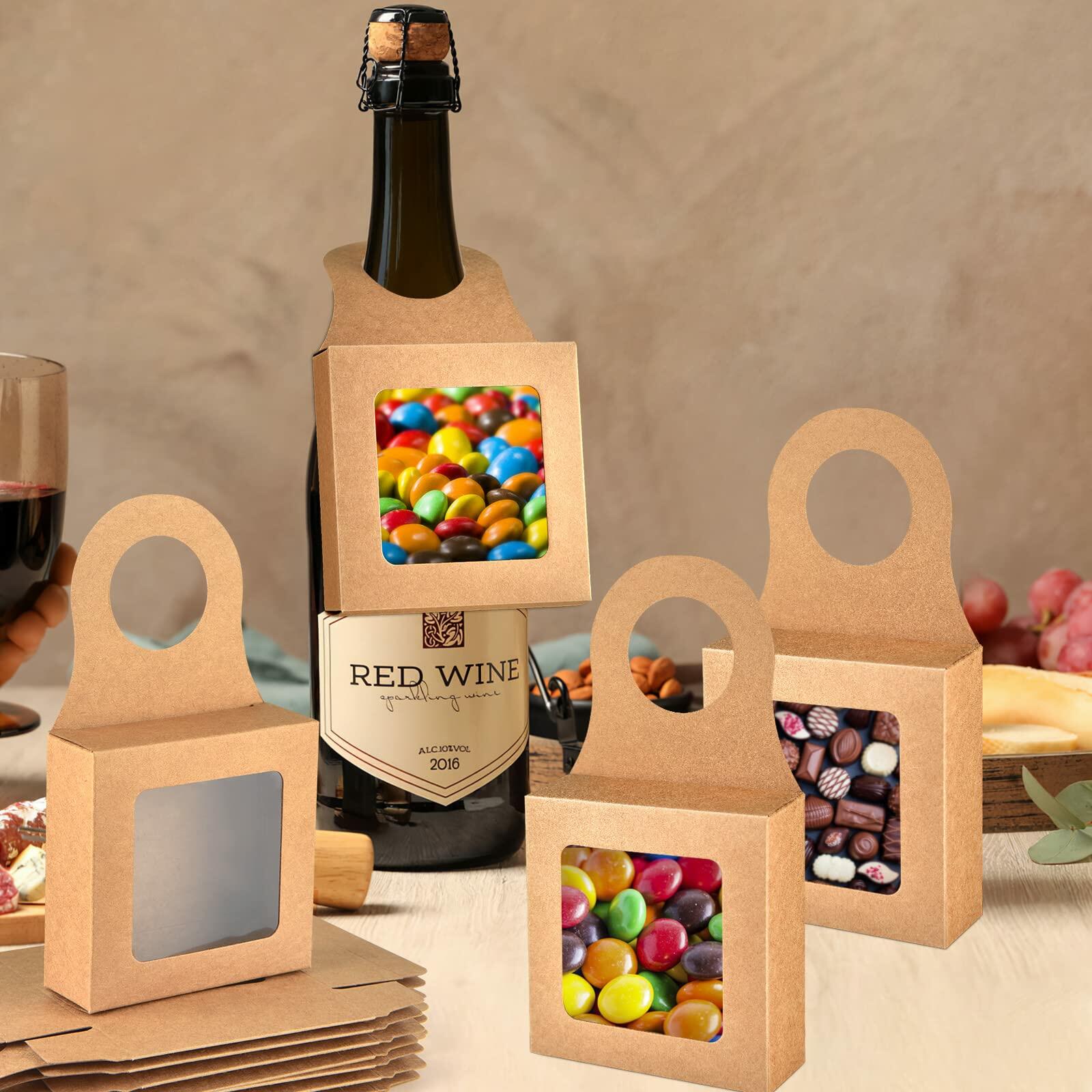 Mototo 100 PCS Kraft Paper Wine Bottle Boxes with Window Hanger Foldable Kraft