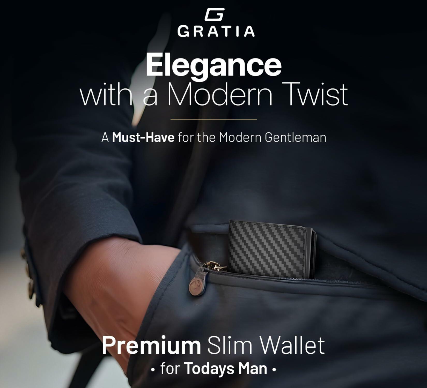 GRATIA NATURALS Slim RFID Wallet for Men, Holds 8 Cards, Carbon