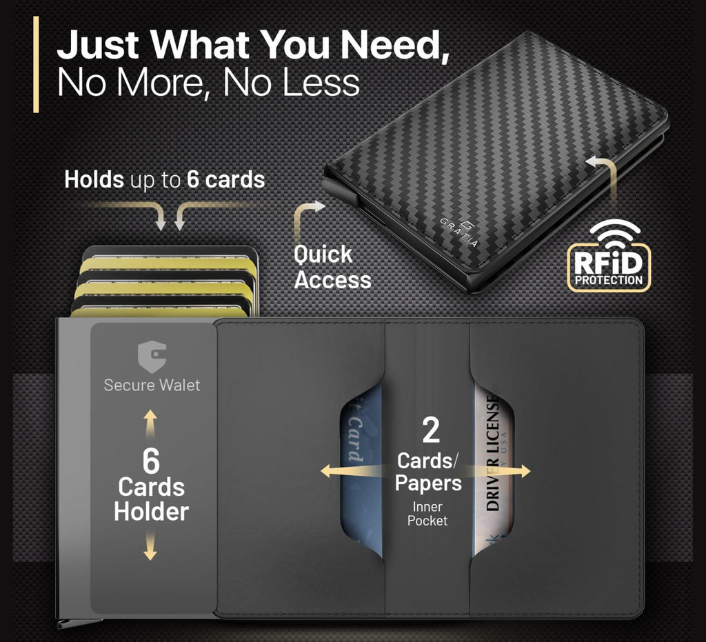 GRATIA NATURALS Slim RFID Wallet for Men, Holds 8 Cards, Carbon