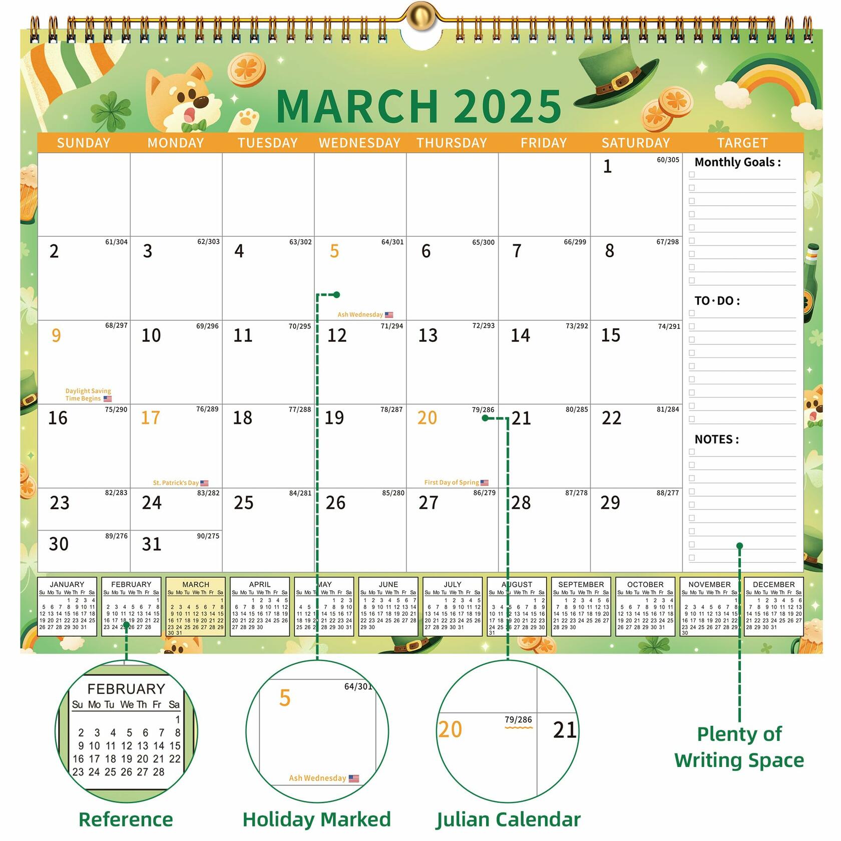 EYROZILL 2025 Wall Calendar Planner Hanging Spiral Bound Magnetic Pet 15x12