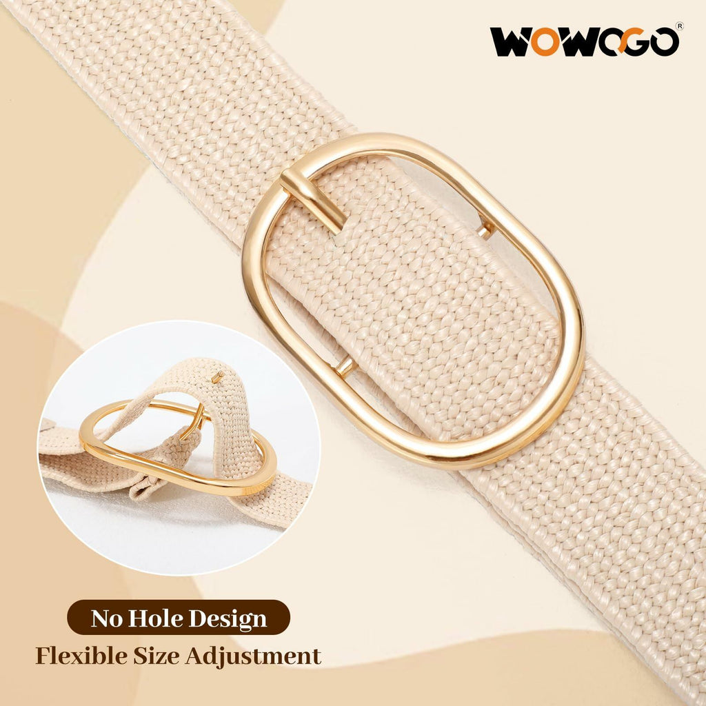 WOWOGO Women Straw Woven Rattan Stretch Belt Boho Beige Waist up to 33" Size