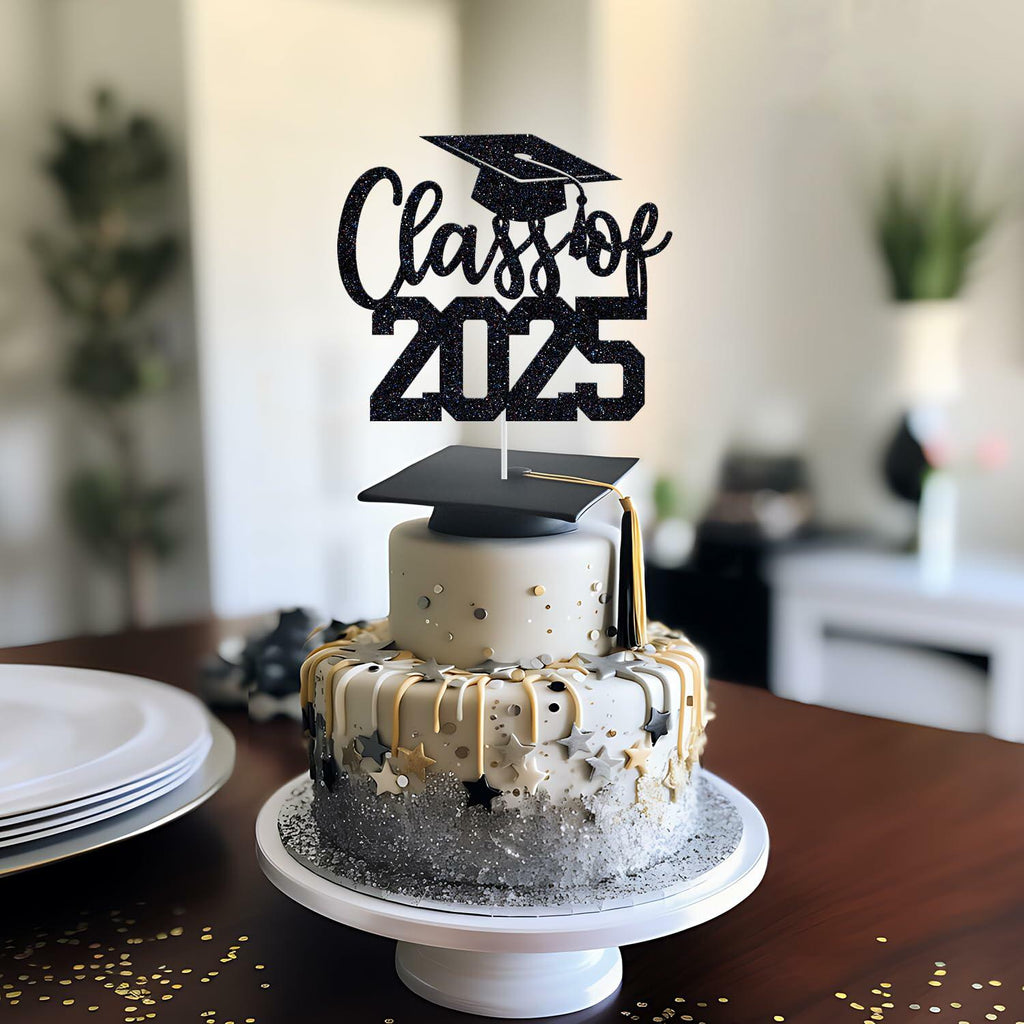 Yotawebery Class of 2025 Cake Topper Graduation Party Decor Black Glitter