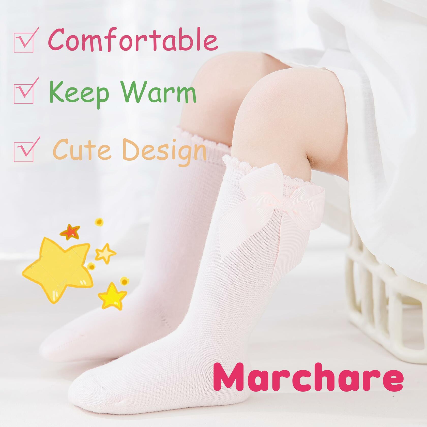 Marchare Baby Girls Knee High Socks Cotton 2 Pack Grey Light Pink 3-5T