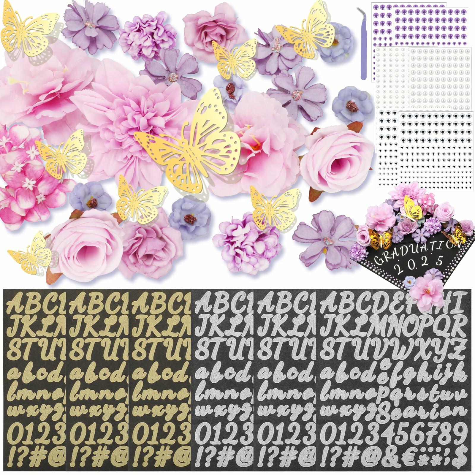 Mototo Graduation Cap Decorations Kit Purple Flowers Rhinestones Glitter DIY