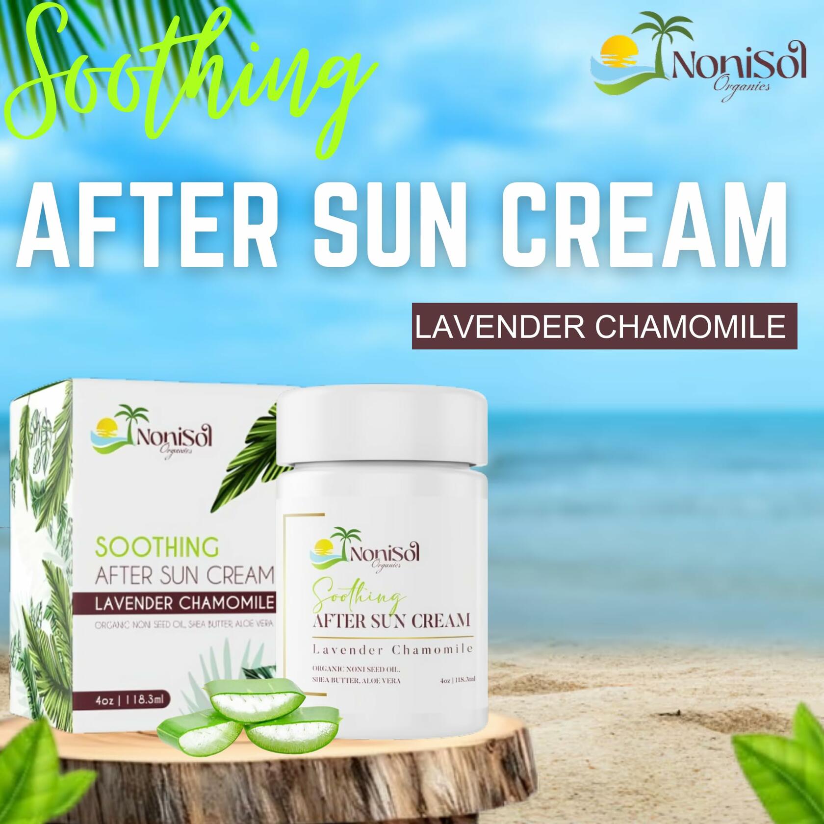 NoniSol Organics After Sun Cream 4oz with Noni Seed Oil Aloe Vera Coconut