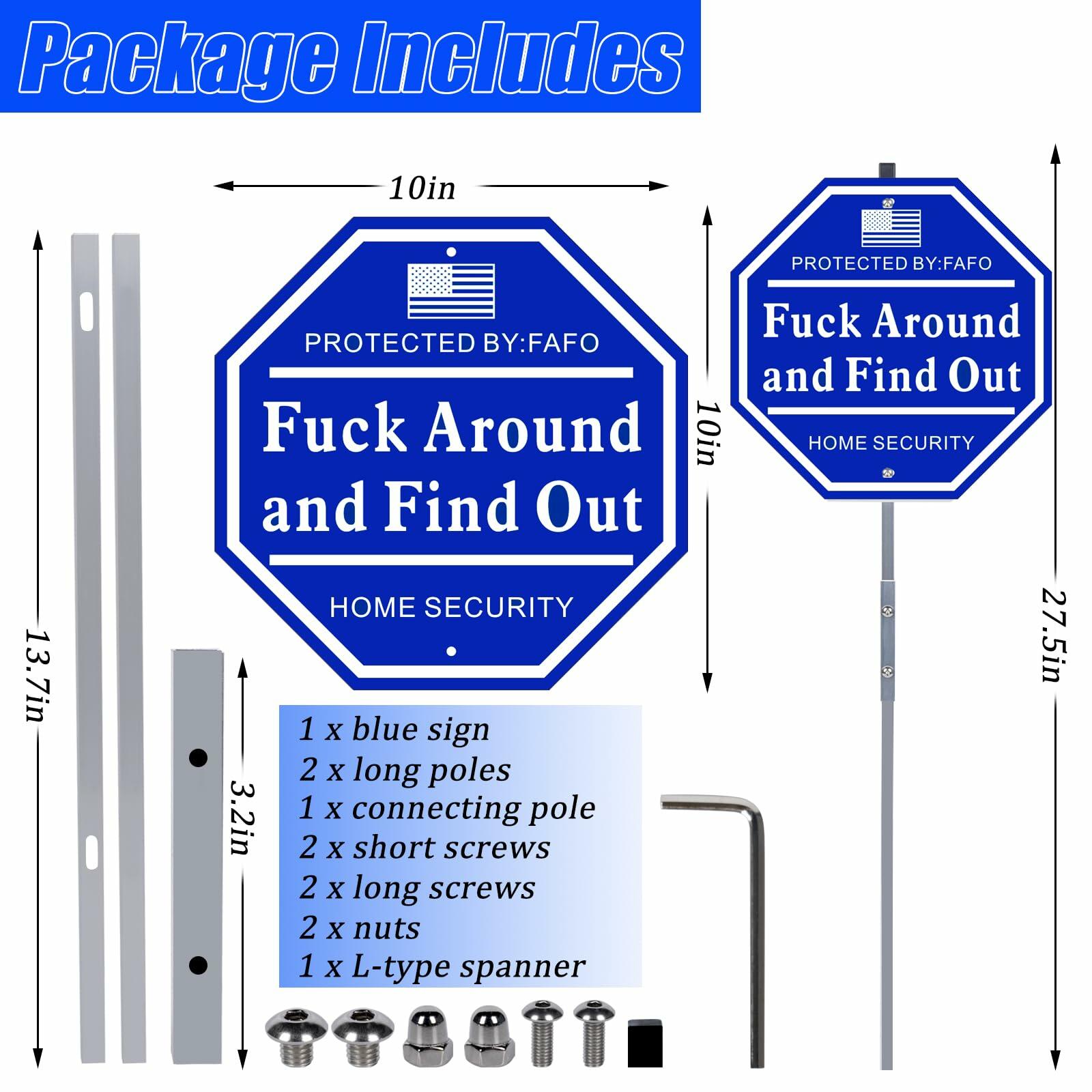 Shawgge FAFO Security Yard Sign with Stake Blue Metal Property Decor