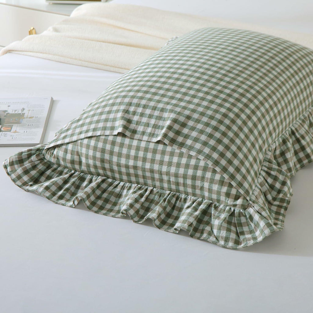 Aryeleay 2 Pack Sage Green White Plaid Ruffle Pillow Shams Cotton 20x20