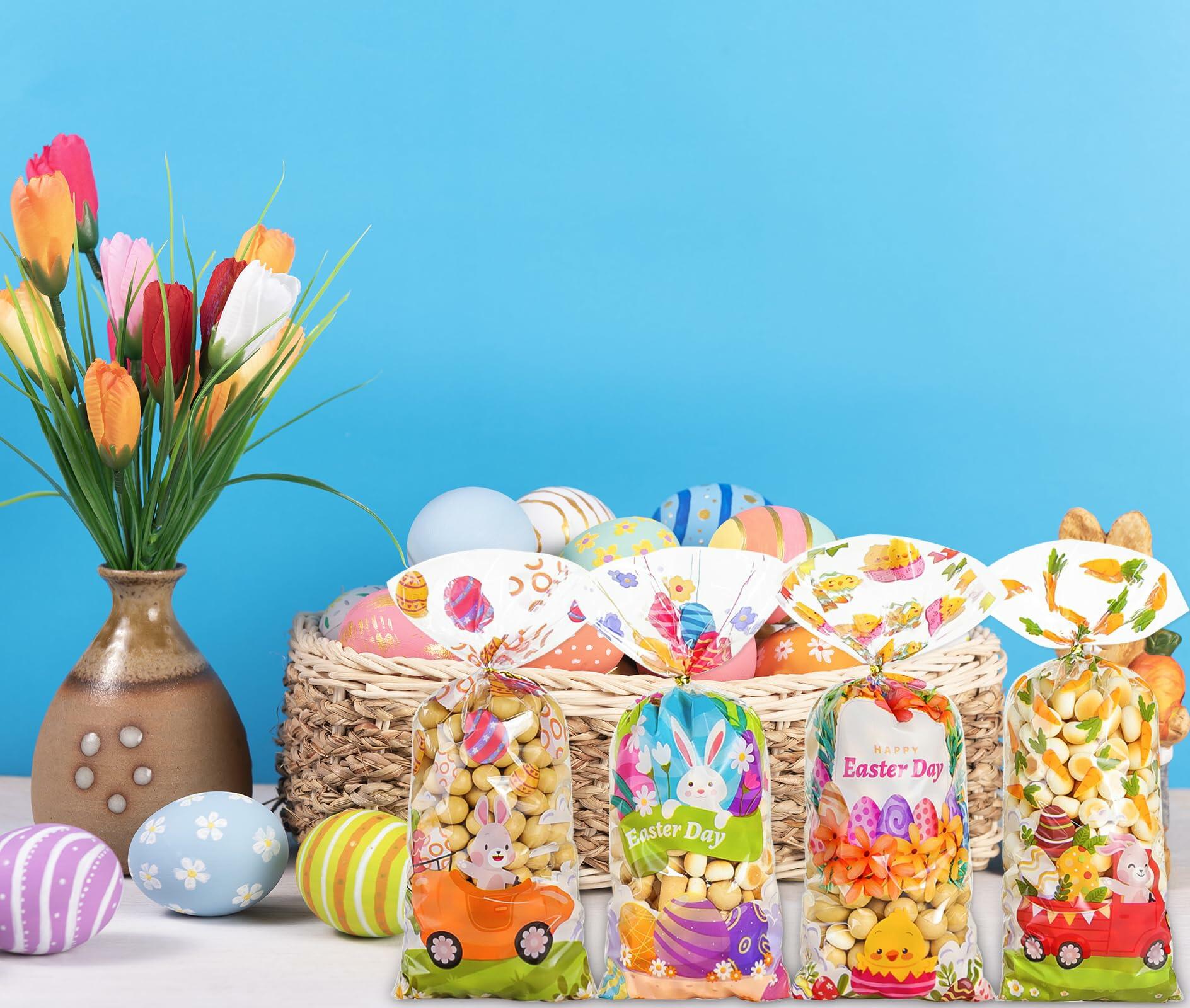 ABTOLS 100PCS Easter Cellophane Treat Bags Colorful Plastic Bunny 7x10in