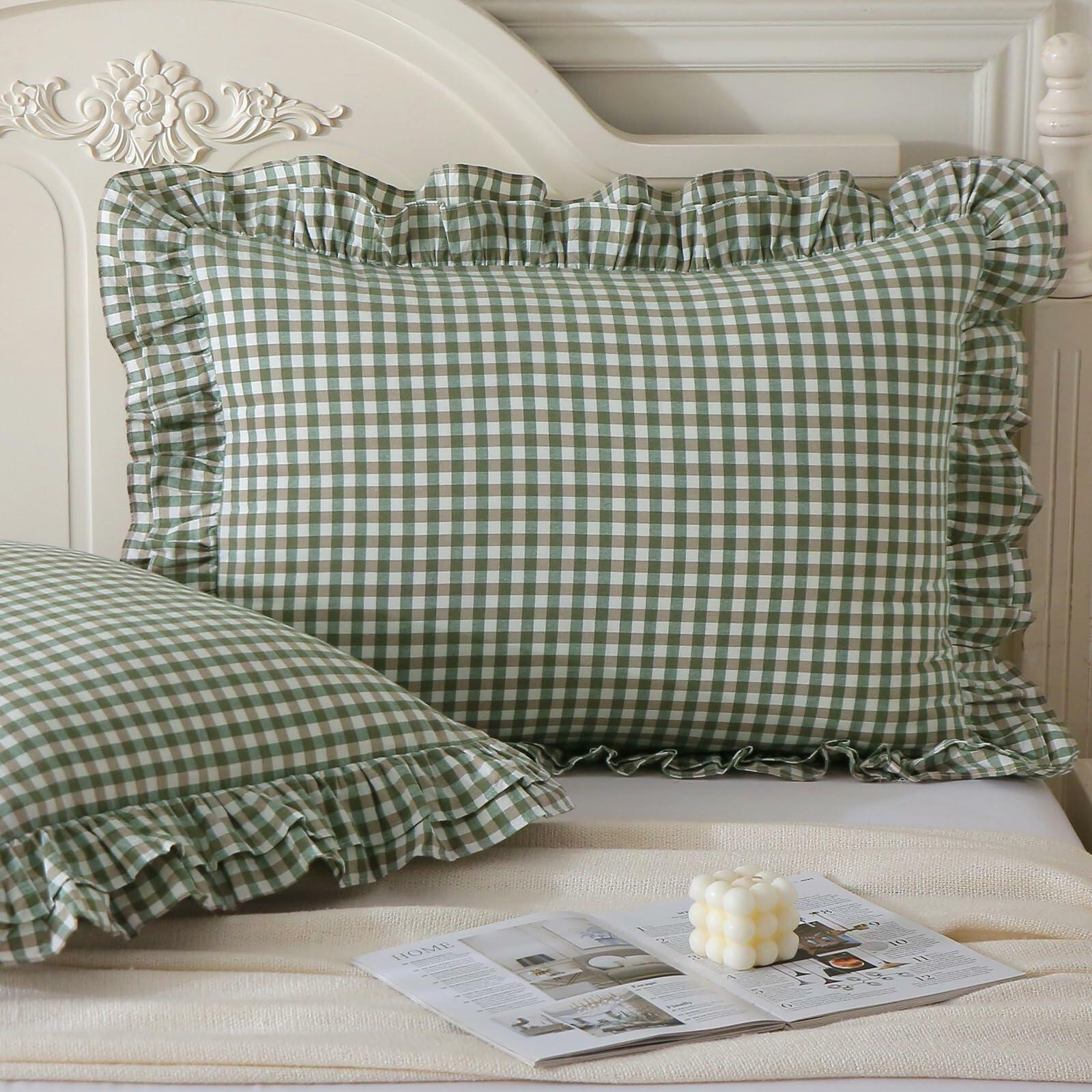 Aryeleay 2 Pack Sage Green White Plaid Ruffle Pillow Shams Cotton 20x20