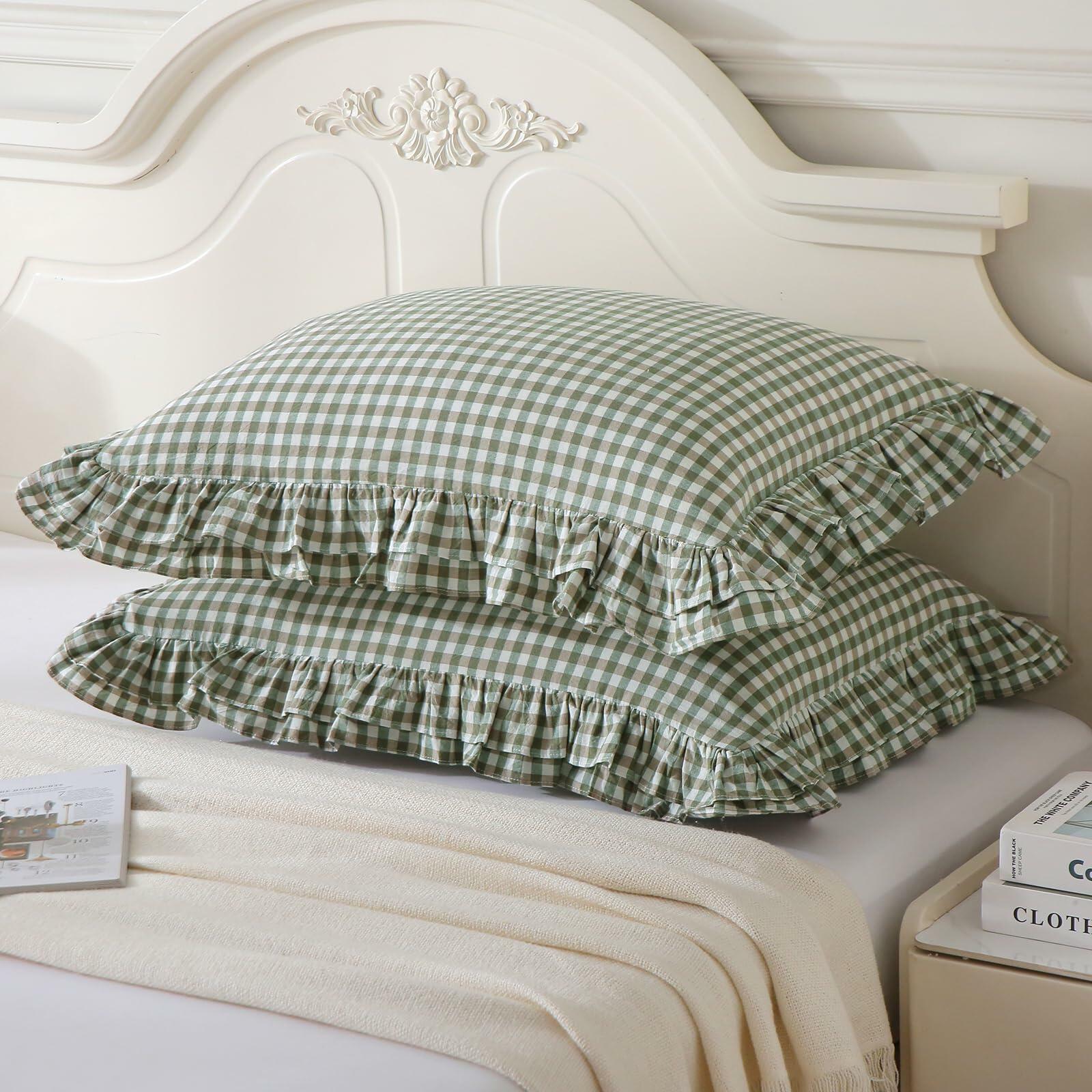 Aryeleay 2 Pack Sage Green White Plaid Ruffle Pillow Shams Cotton 20x20