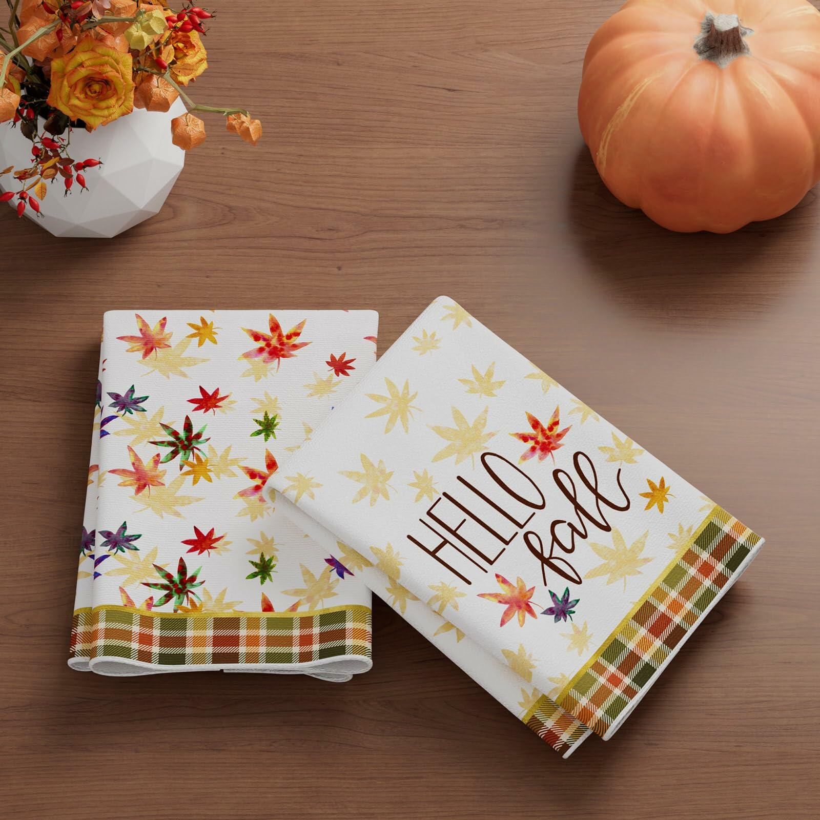 XCHI Hello Fall Watercolor Maple Leaves Plaid Dish Towels 18x26 Set of 2