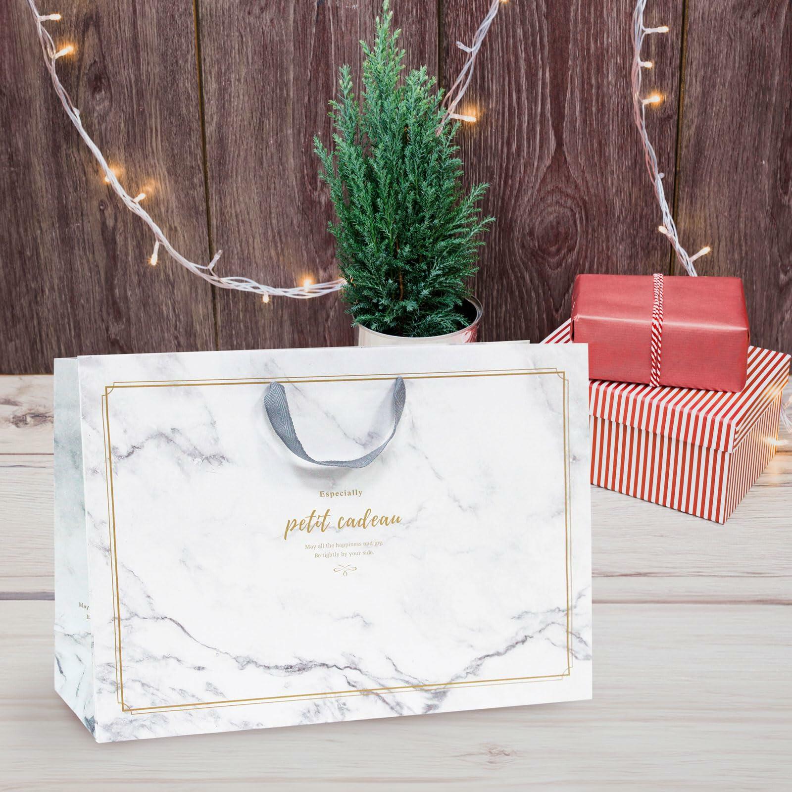[Like New] Pomei 20 PCS Marble Paper Gift Bags Gray Handles 17.1x5.1x12.2in
