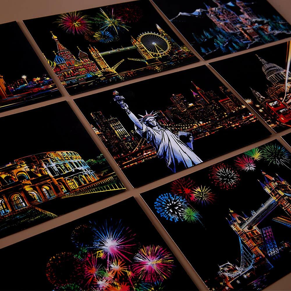 MIASTAR Scratch Art Paper Rainbow Night View Building Series 7.9x5.5 12 Sheets