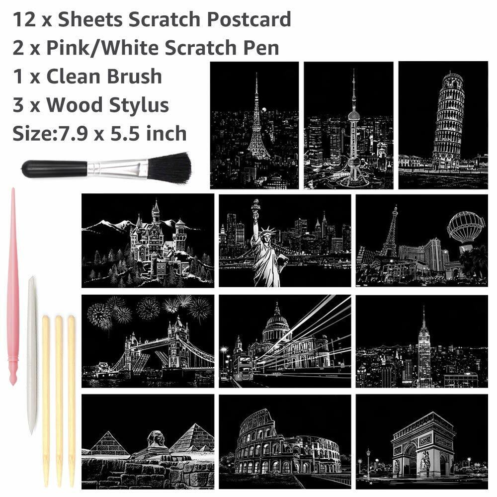 MIASTAR Scratch Art Paper Rainbow Night View Building Series 7.9x5.5 12 Sheets