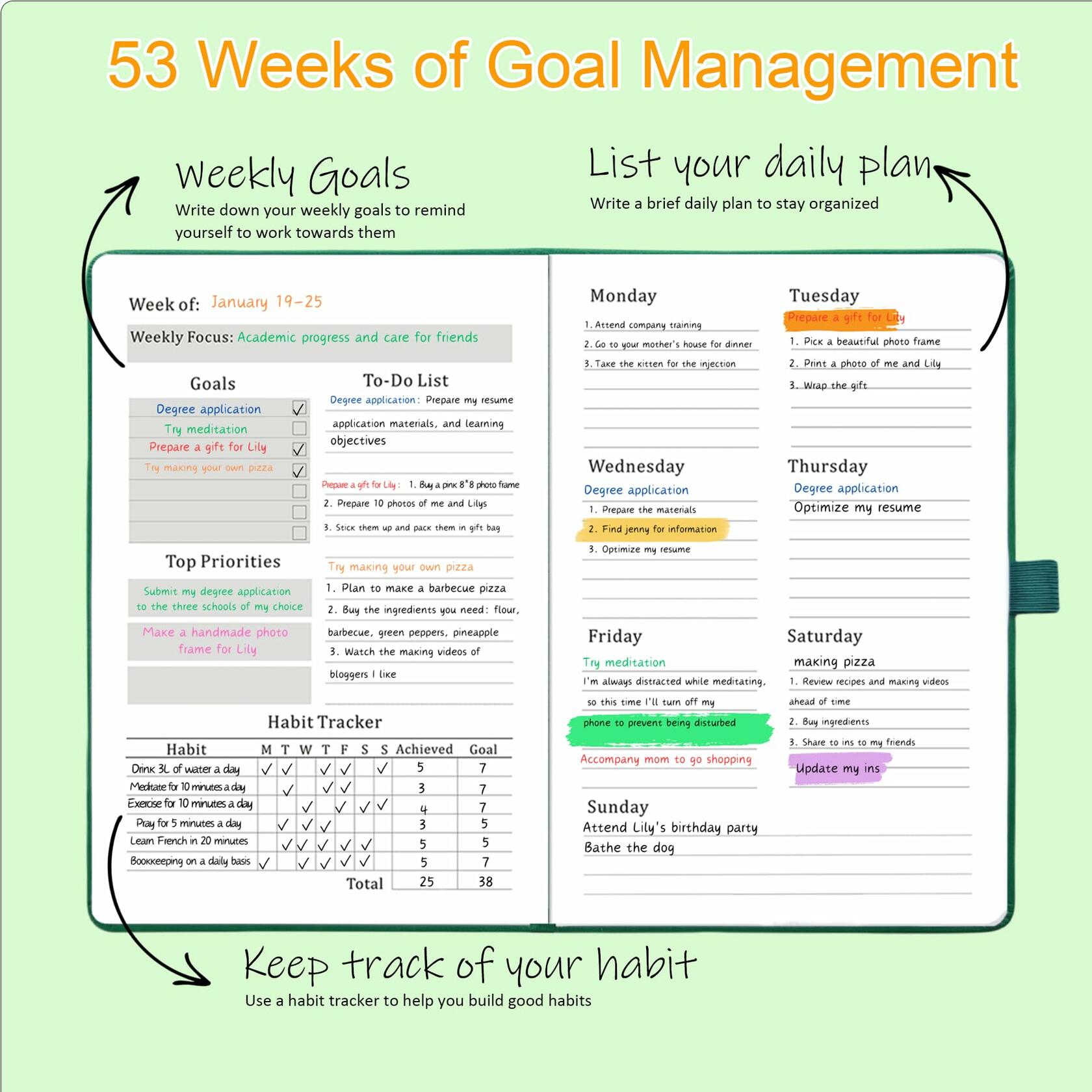 YOJO 2025 A5 Weekly Planner with Goal & Habit Tracker Pink