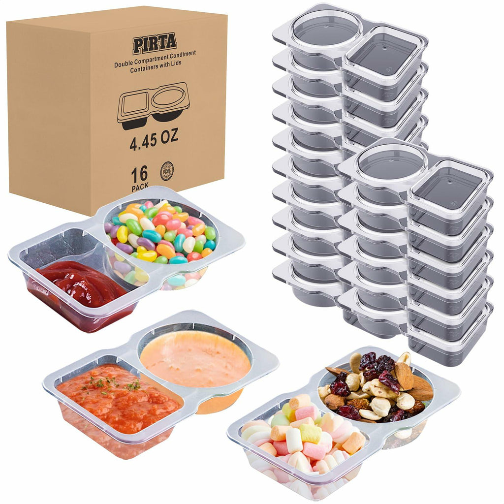 Double Compartment Condiment Containers with Lids 16 PCS Plastic Reusable