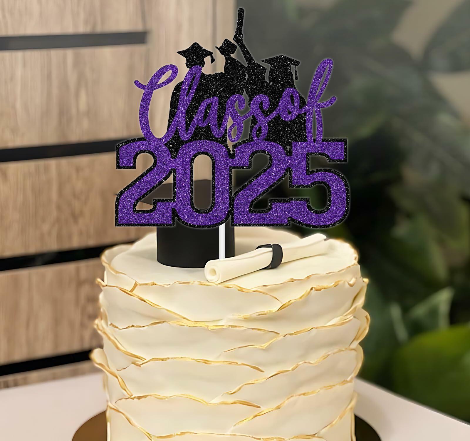 RLXPT Class of 2025 Cake Topper Congrats Grad Black Purple Glitter Foil