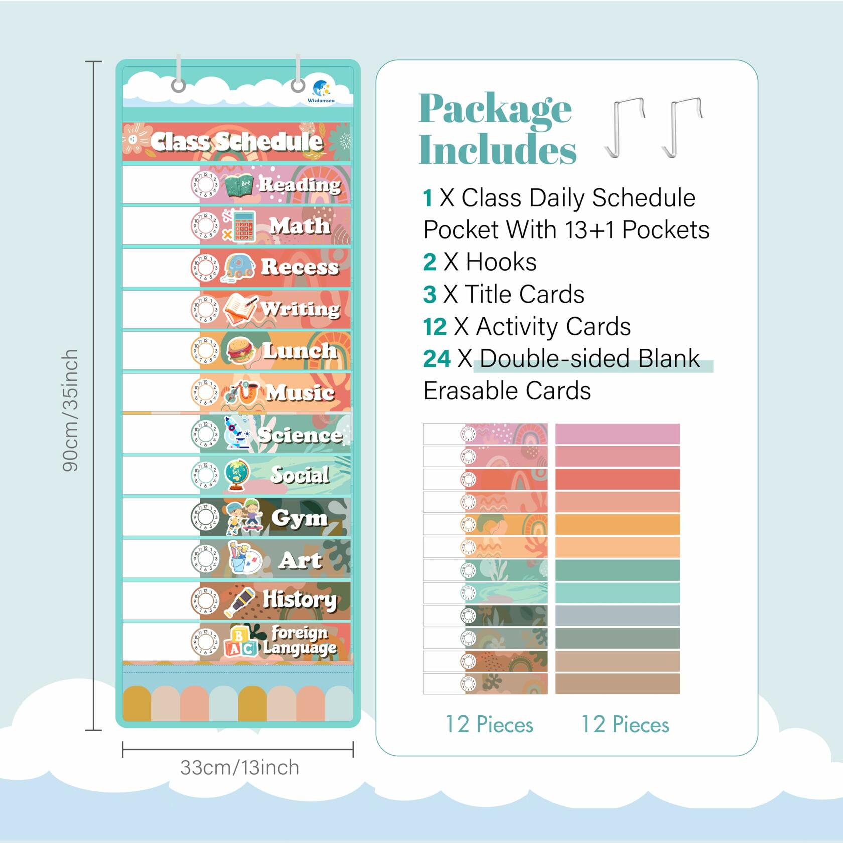 Wisdomsea Pocket Chart Classroom Blue 39 Double-Sided Erasable Cards