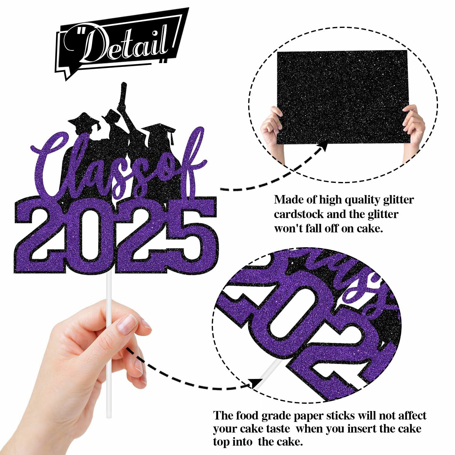 RLXPT Class of 2025 Cake Topper Congrats Grad Black Purple Glitter Foil