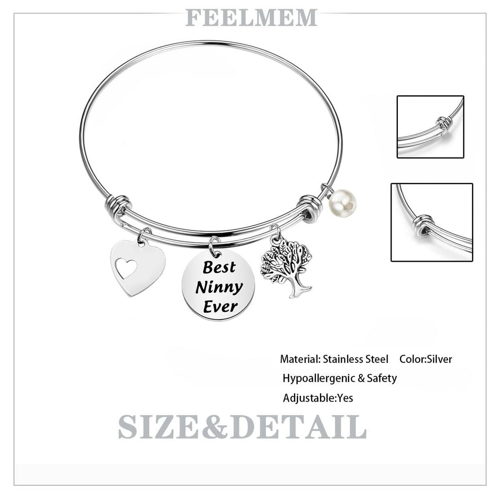 FEELMEM Best Ninny Ever Family Tree Bracelet Stainless Steel Box Chain