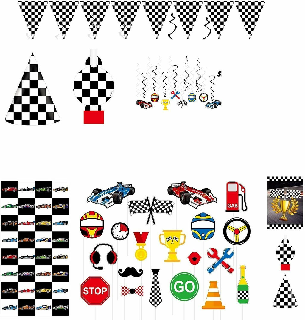 Race Car Party Supplies Set for 30 Kids Hats Bags Banners Swirls Backdrop